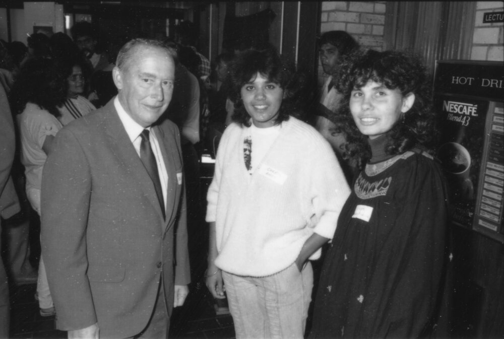 William McCarthy, Cheryl Kitchener and Lynette Riley, Oorala opening, 1986
