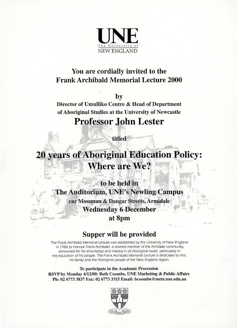 2000 Frank Archibald memorial Lecture by Professor John Lester - Invitation