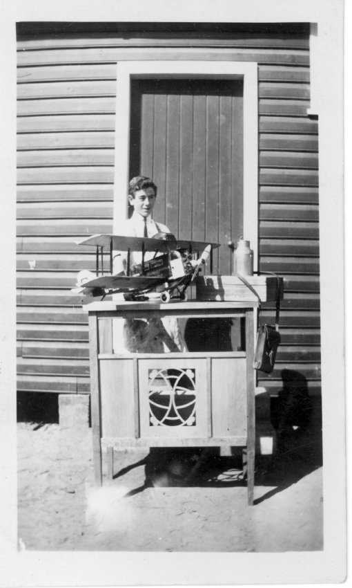 Student with woodwork display at "Siberia" at Armidale Demonstration School, c.1930