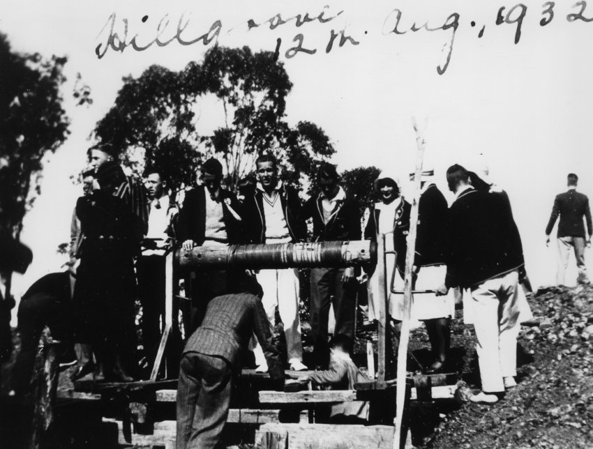 Armidale Teachers' College students inspecting shaft and windlass at Hillgrove