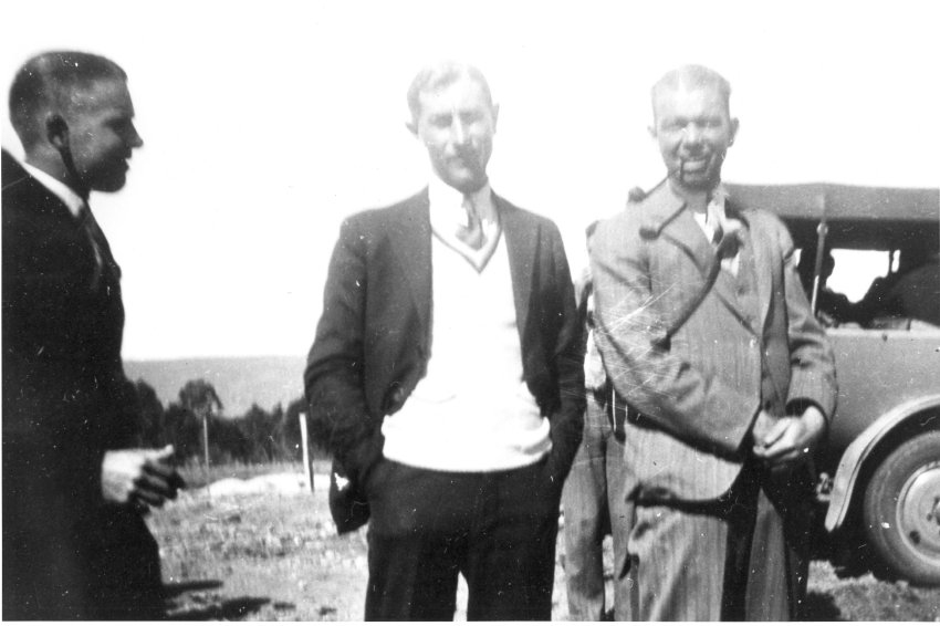 Armidale Teachers' College lecturers, Mr. James and Mr. Campbell Howard, join group of students on bus picnic, 1932