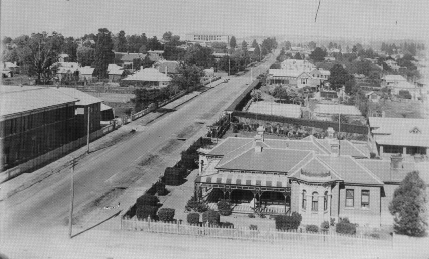 Dr Austin's house in right foreground of view south in Dangar Street towards Teachers' College