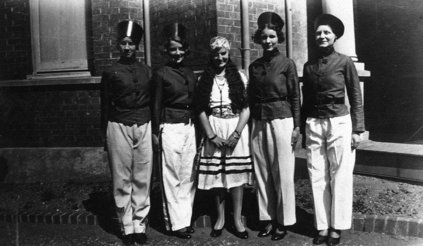 Armidale Teachers' College: Smith House: Fancy Dress, 1930-1931 Session. Zena Huggins, Hazel Hackett, Peggy Drummond, Mollie Scott, Nan Tindall