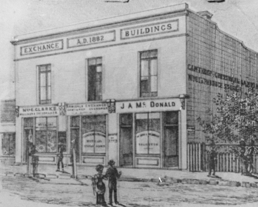 Sketch of Exchange Buildings (A.D.1882), Faulkner Street. N. Clarke and J.A. McDonald businesses