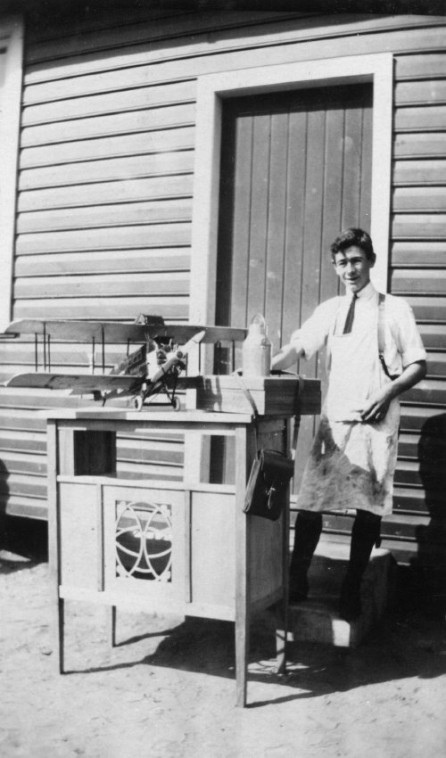 Armidale Teachers' College, student with woodwork display at "Siberia" at Armidale Demonstration School, c. 1930
