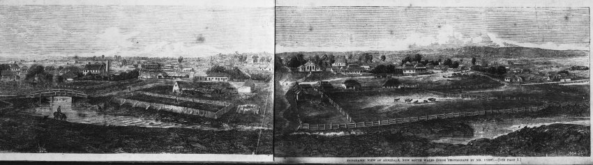 Sketches of panoramic view of early Armidale, looking south, c.1870