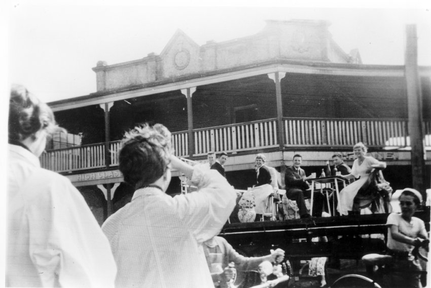 Armidale Teachers' College participants in 1954-1955 Easter Parade on corner of Marsh and Beardy Streets