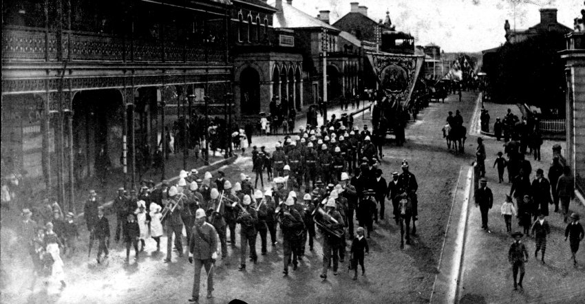 Band and Oddfellows horse-drawn float in Procession in Beardy Street, c. 1900