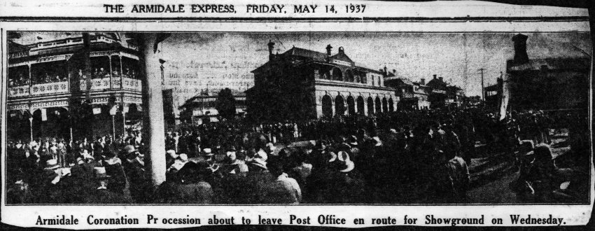 Armidale Coronation Procession about to leave Post Office en route for Showground, 1937