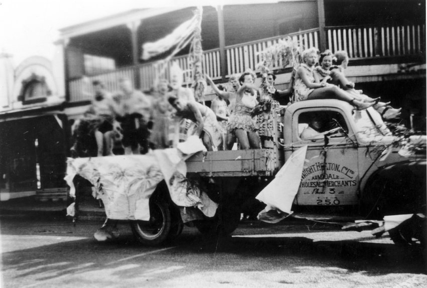 Armidale Teachers' College participants in 1954-1955 Easter Parade on corner of Marsh and Beardy Streets