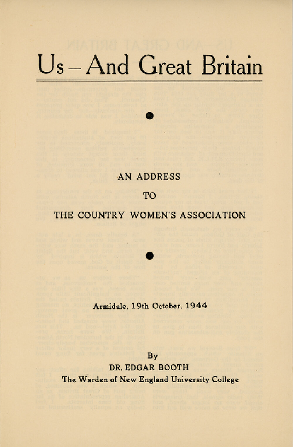 Us - And Great Britain: An Address to the Country Women's Association, Armidale, 19 October 1944