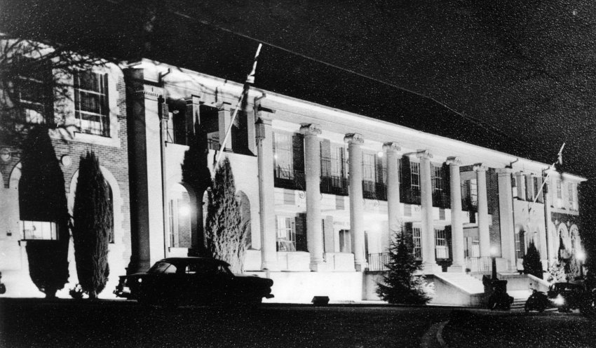 Armidale Teachers' College, building illuminated for celebration of UNE's autonomy, 1955