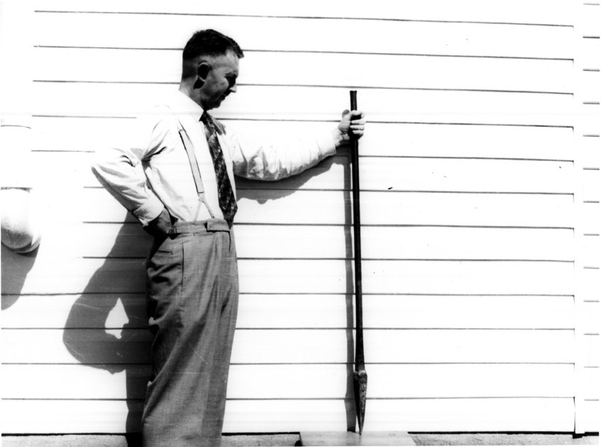 Eric Dunlop outside Pallamallawa School building in the grounds of the Armidale Teachers' College, c. 1955