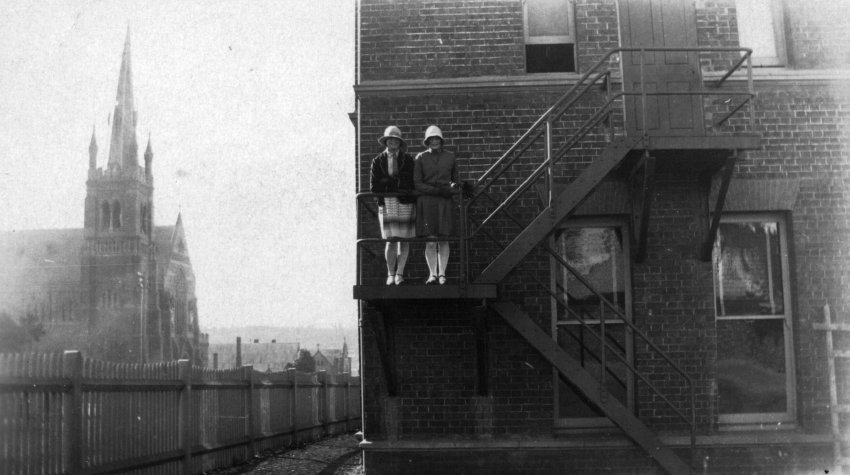Armidale Teachers' College, Smith House: On the stairs at back of "Girrahween" (forbidden area!), c. 1929 Girraween