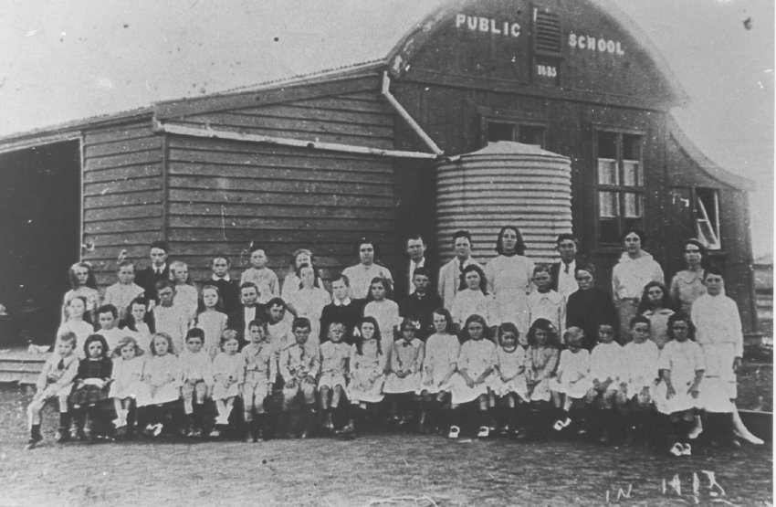 School group outside school (Beehive building built 1885), c. 1917