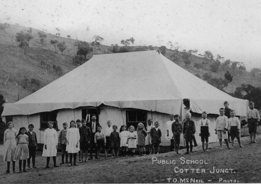 A temporary school building at Cotter Junction, c.1920