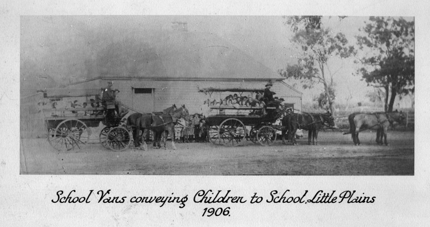 School vans conveying children to school, Little Plains, 1906