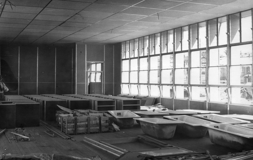 Armidale Teachers' College - Construction of Newling House, 1954 - corner of dining room, used for assembling materials and fittings