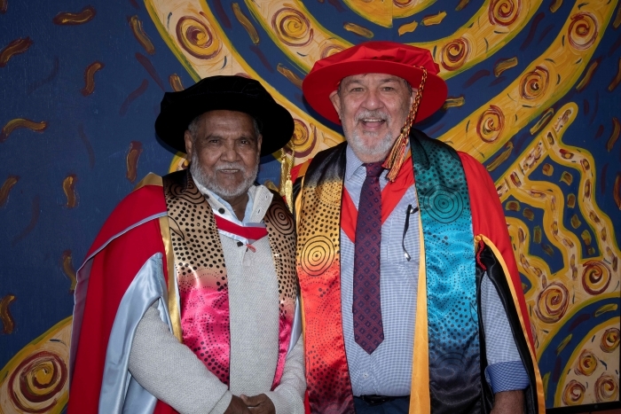 UNE Elder-in-Residence, Dr Colin Ahoy with Prof. Joe Fraser, Pro-Vice Chancellor Indigenous Strategy (UNE), May 2022