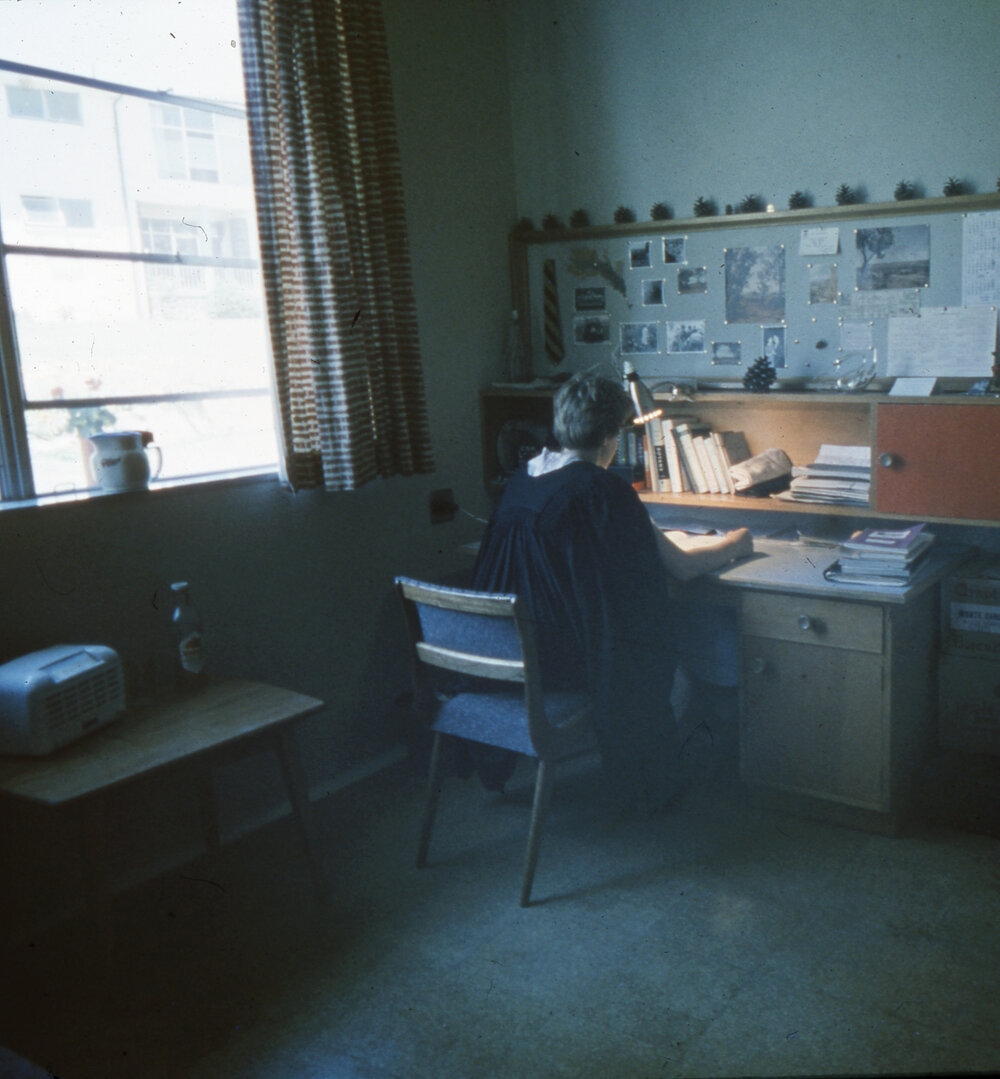 Student at desk in a Wright College room, UNE