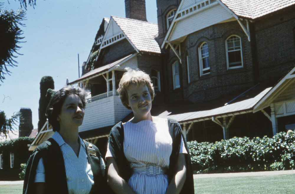 Two students in front of Boolominbah, c.1958