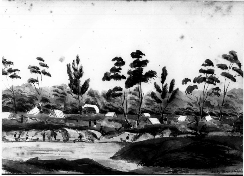 Gold mining: A rare view of the Rocky River Diggings near Uralla NSW, 1856-1857