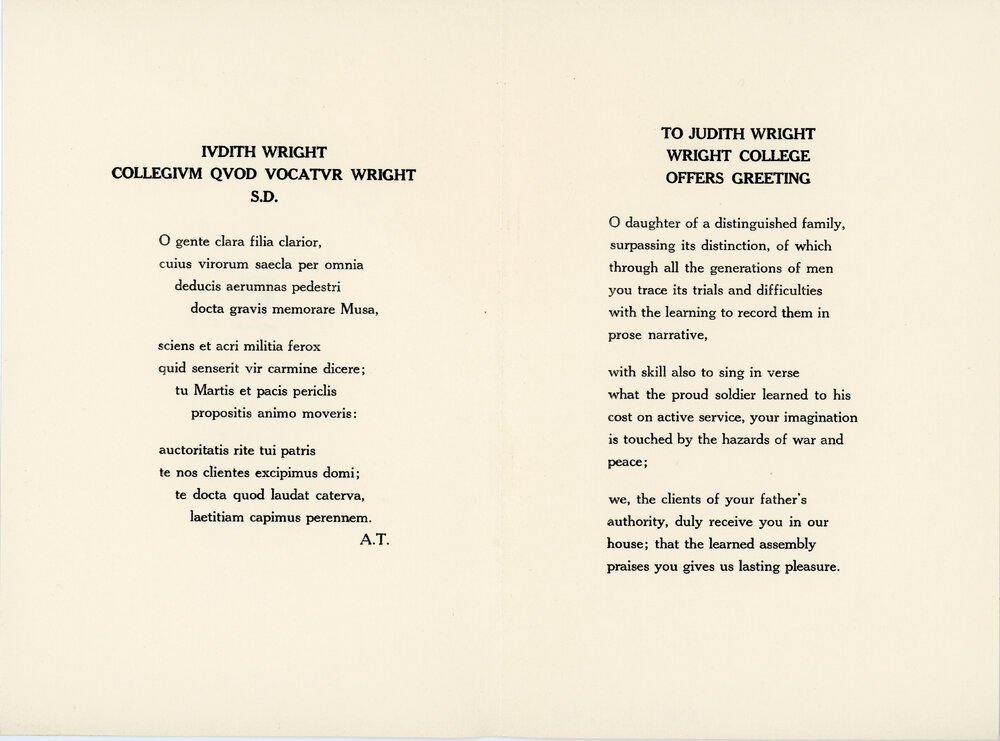 Latin Ode of Greeting Presented to Judith Wright (1963)