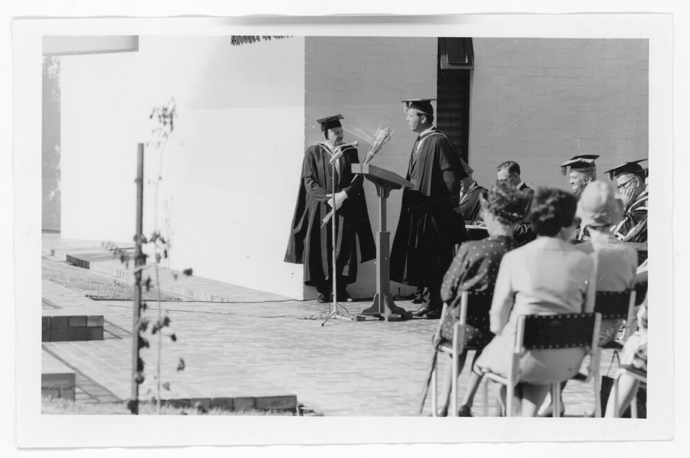 Opening of the Arts Building, 1967. Prof. Barratt and Ian Sinclair