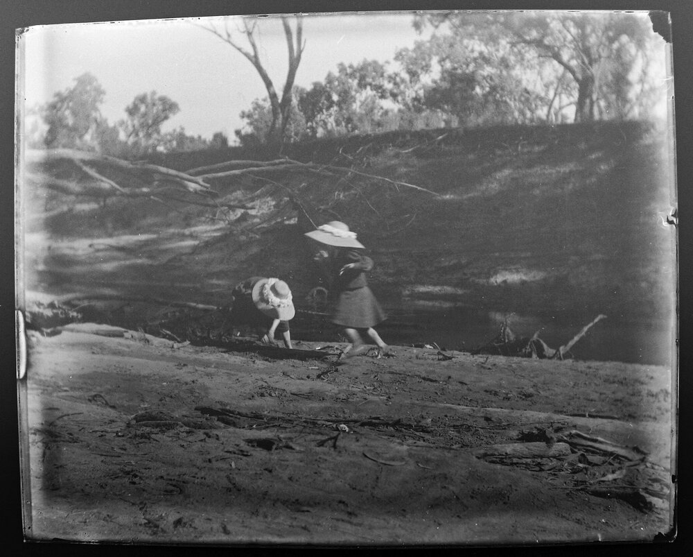 Two children playing by the river bank, Wallan, NSW, 1906
