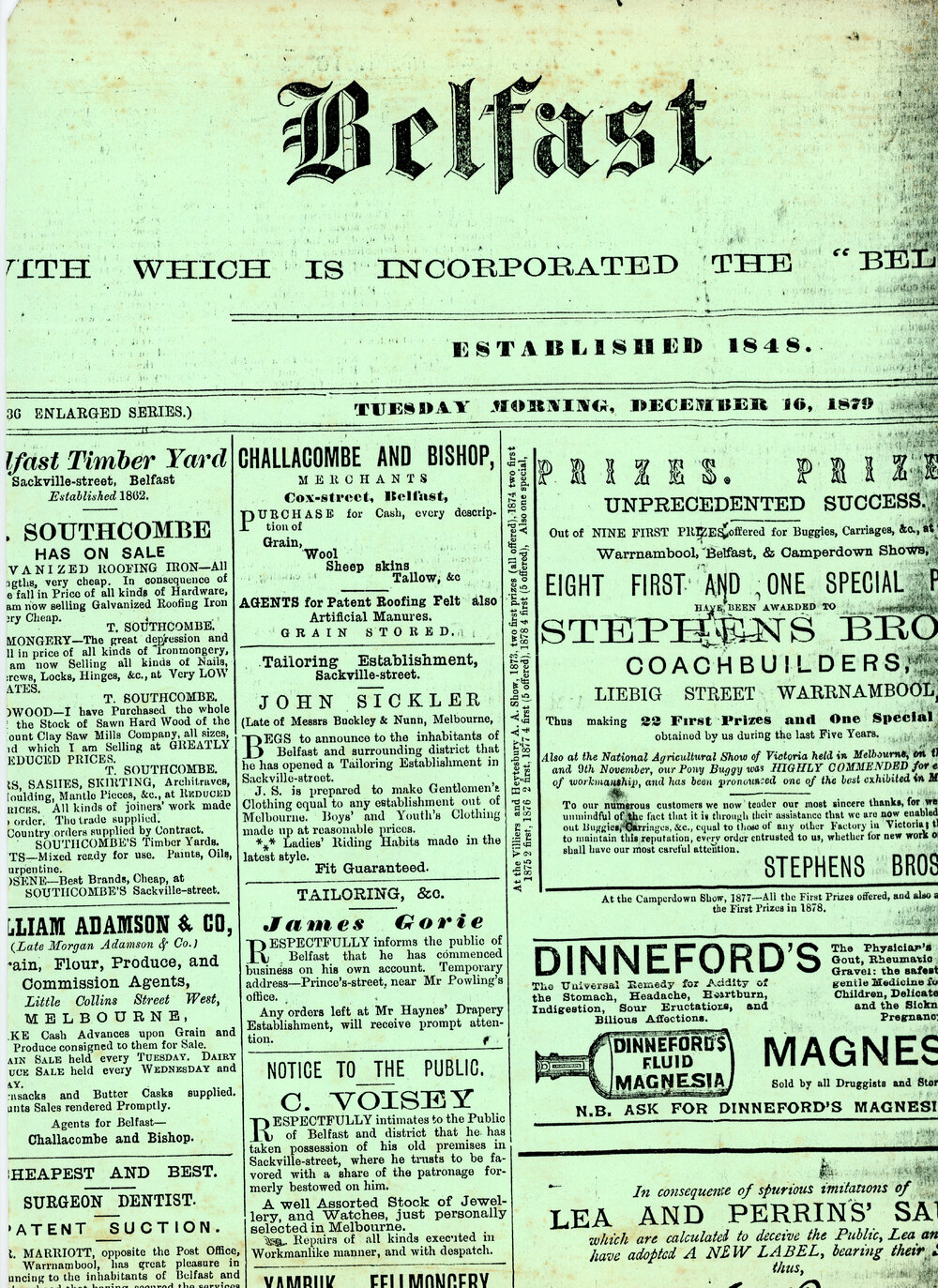 Newspaper clipping featuring notice for C. Voisey, Belfast, 1879