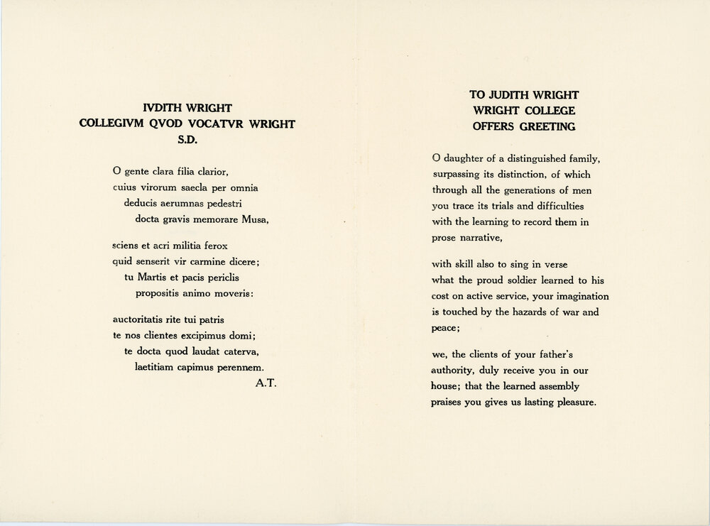 Latin Ode of Greeting Presented to Judith Wright (1963)
