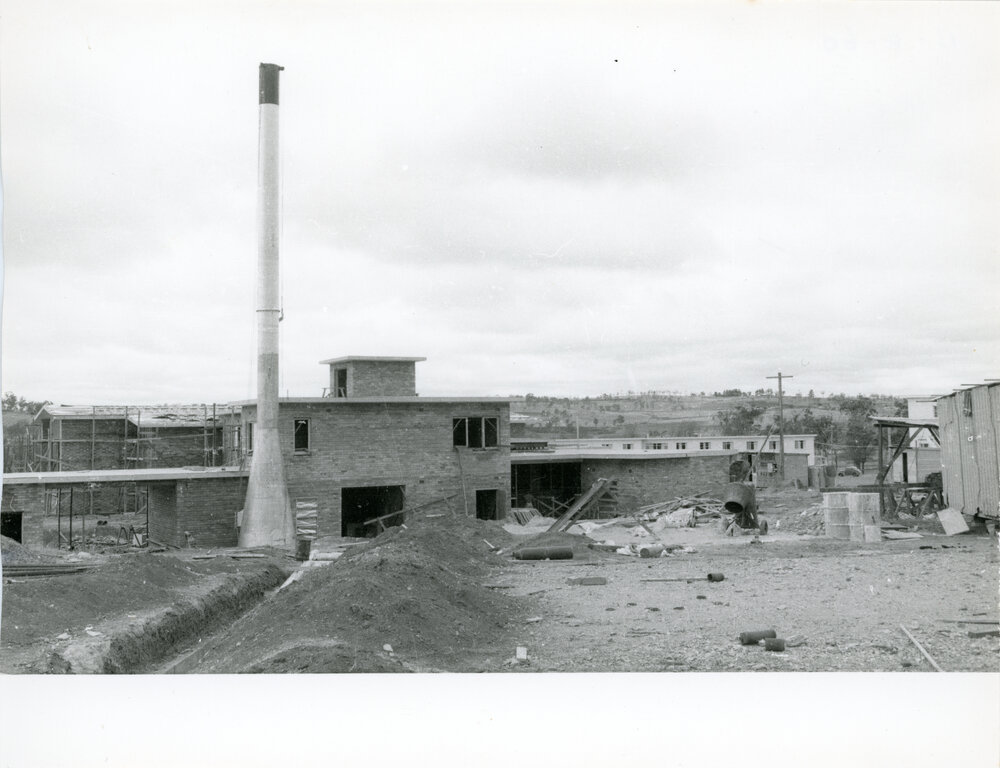 Wright College Construction, with boiler chimney, 1960