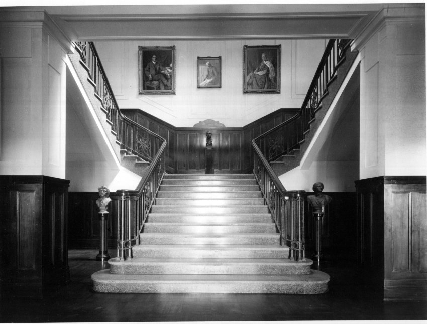 The main stairway showing the terrazzo steps and the maple dadoes