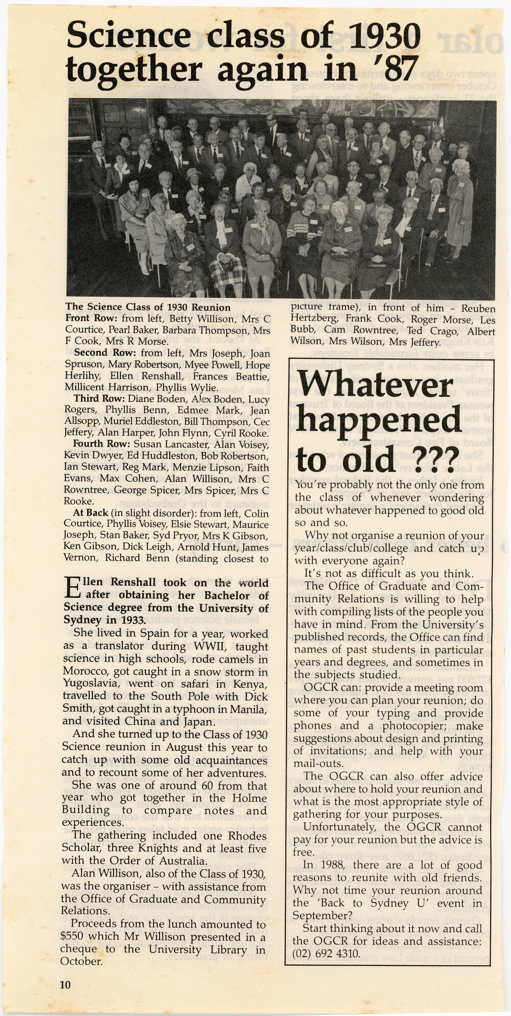 Newspaper clipping "Science class of 1930 together again in '87"