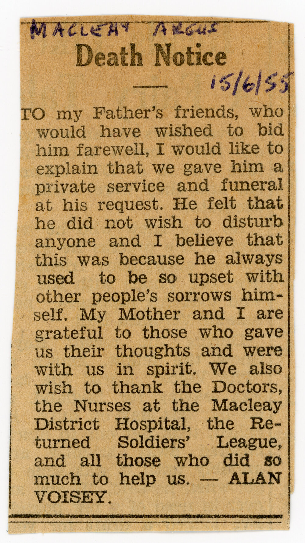 Fred Voisey, Death Notice, 1955