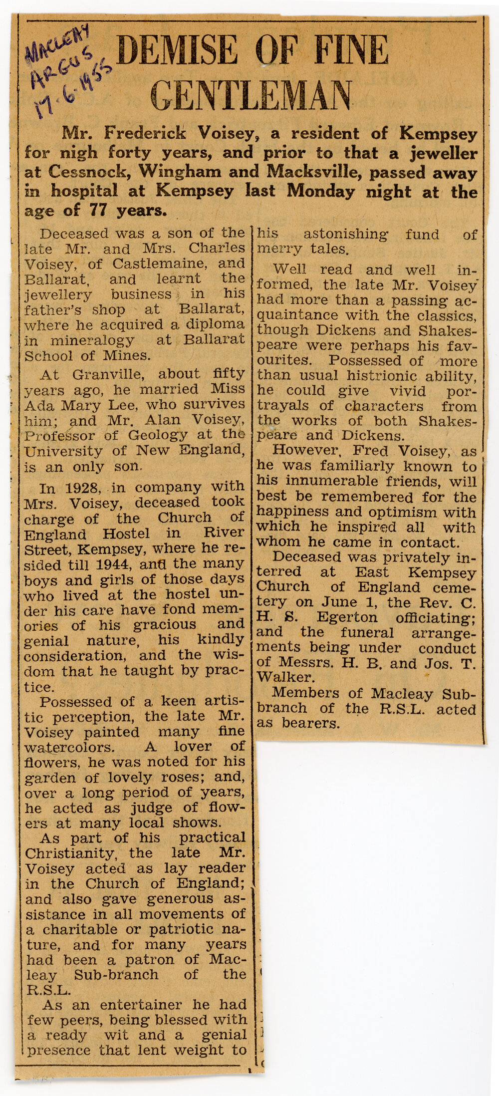 Newspaper clipping, 'Demise of a Fine Gentleman', 1955