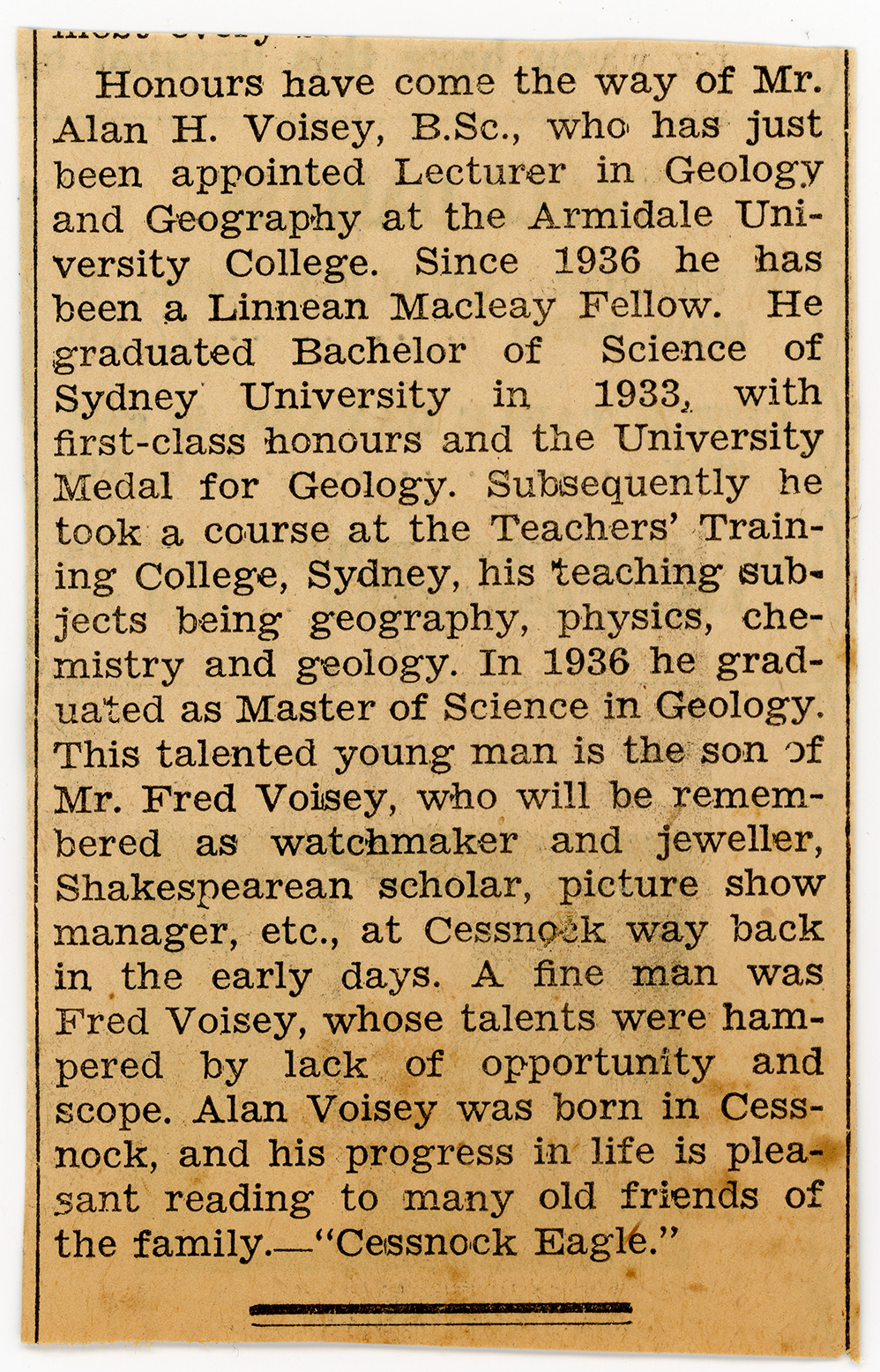 Newspaper clipping announcing Alan Voisey's appointment as Lecturer in Geology and Geography at Armidale University College