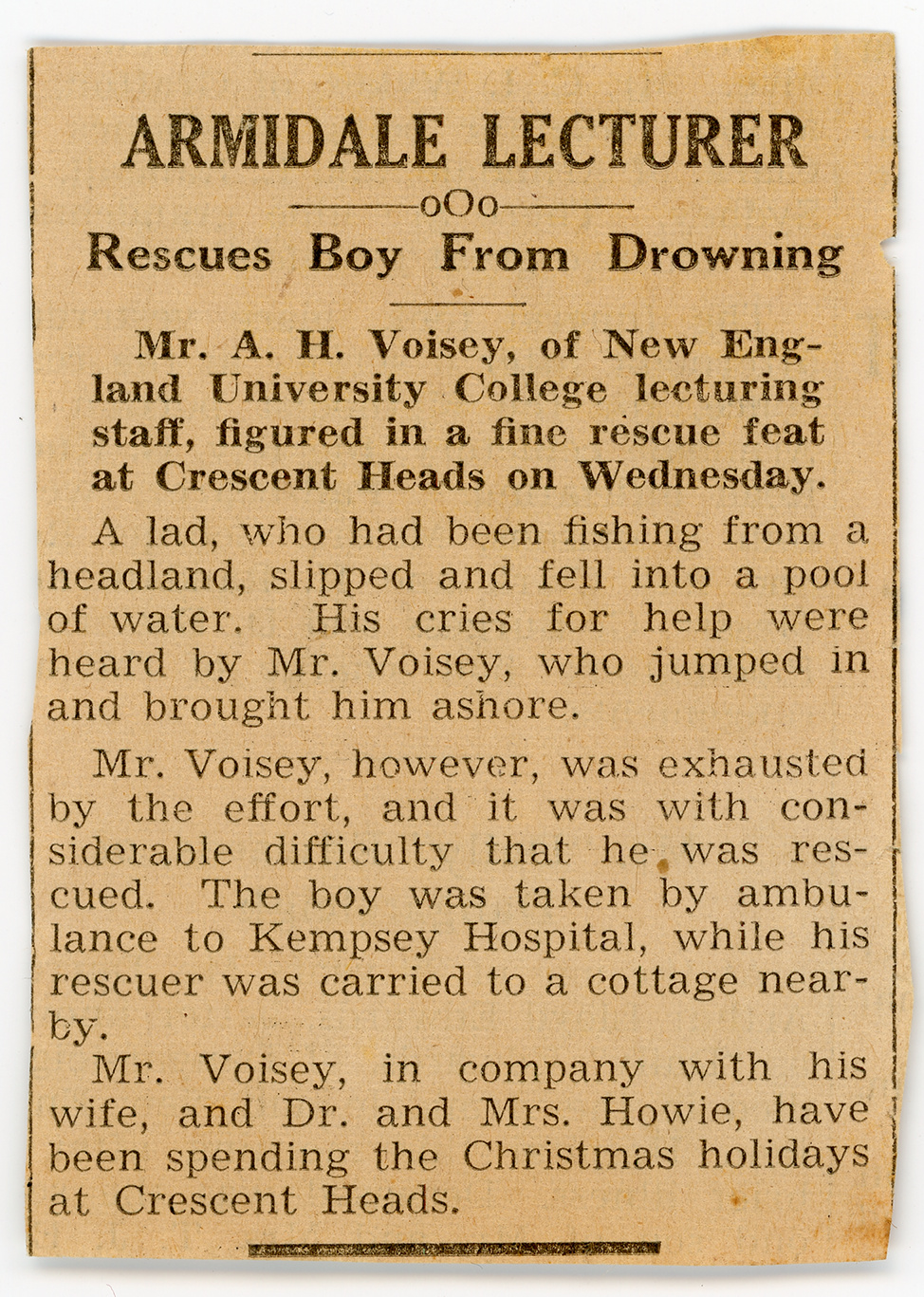 Newspaper clipping 'Armidale Lecturer Rescues Boy From Drowning'