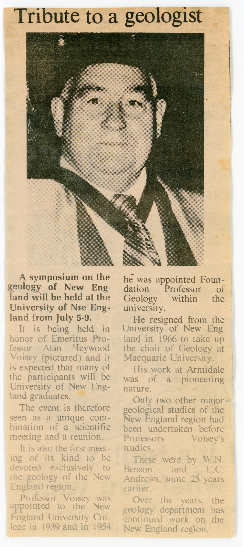 Newspaper clipping 'Tribute to a geologist'