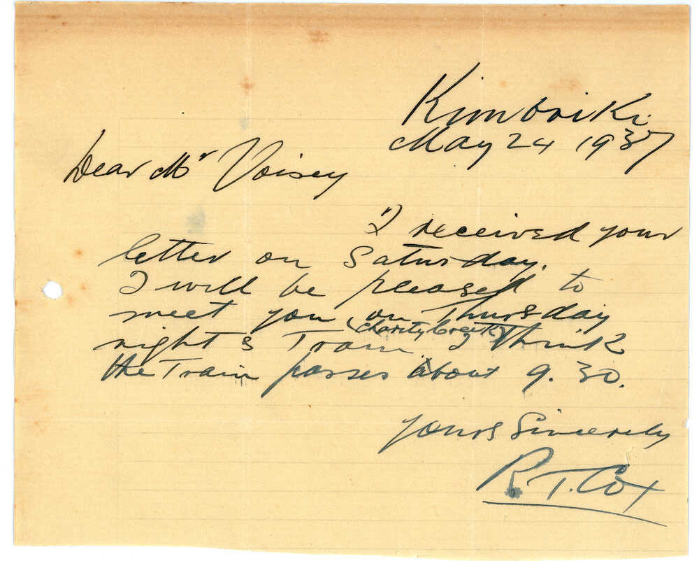 Letter to Mr Voisey from R.T. Cox, 1937