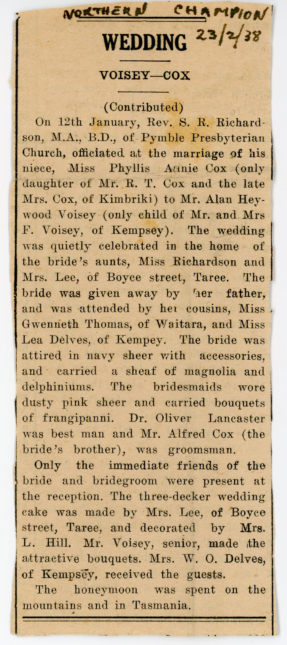 Wedding notice for Miss Phyllis Annie Cox and Mr Alan Heywood Voisey, 1938