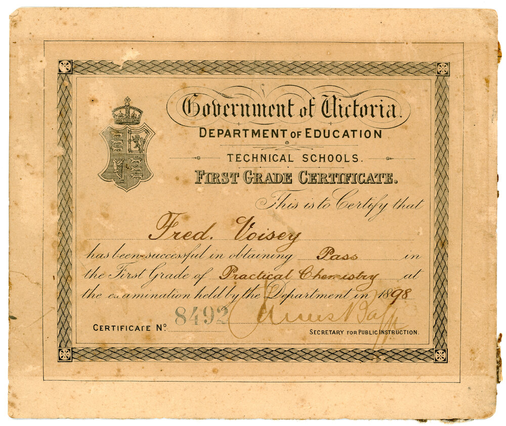 First Grade Certificate in Practical Chemistry awarded to Fred Voisey, 1898