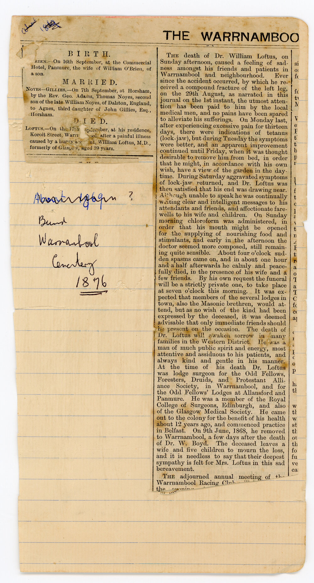 Death notice of Dr William Loftus, Warrnambool, 1876