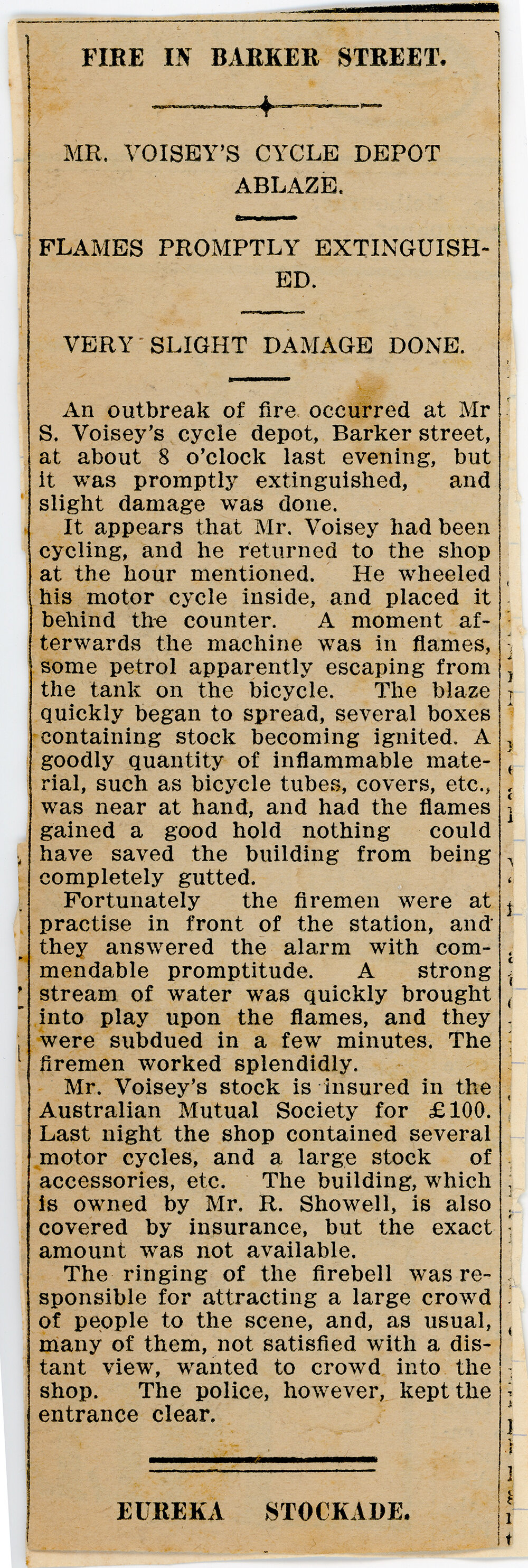 Newspaper clipping 'Fire in Barker Street', 1913