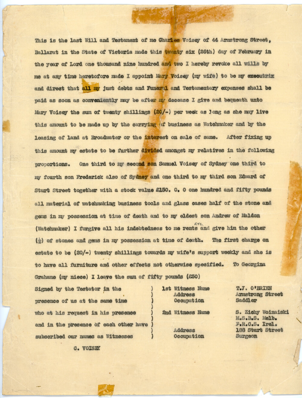 The last Will and Testament of Charles Voisey, 1902