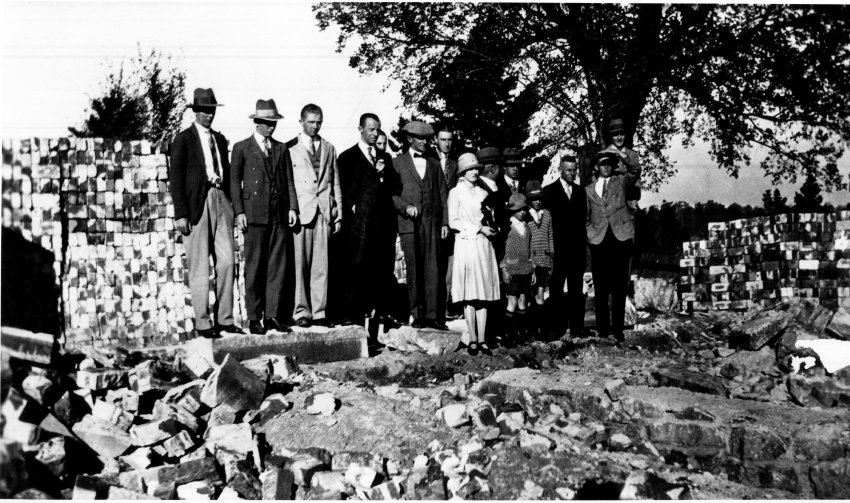 Pioneer staff and students meet at the old gaol site on 8 April 1929 to witness commencement of work on the College building