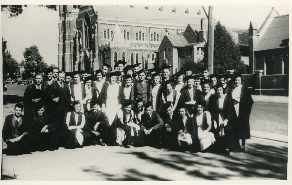 Graduation group outside St. Peter&rsquo;s Cathedral Armidale, 1945