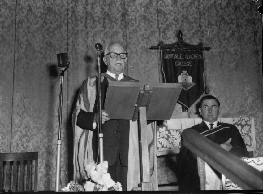 Dr C.B. Newling giving the Occasional Address at the Armidale Teachers' College graduation ceremony, 1964