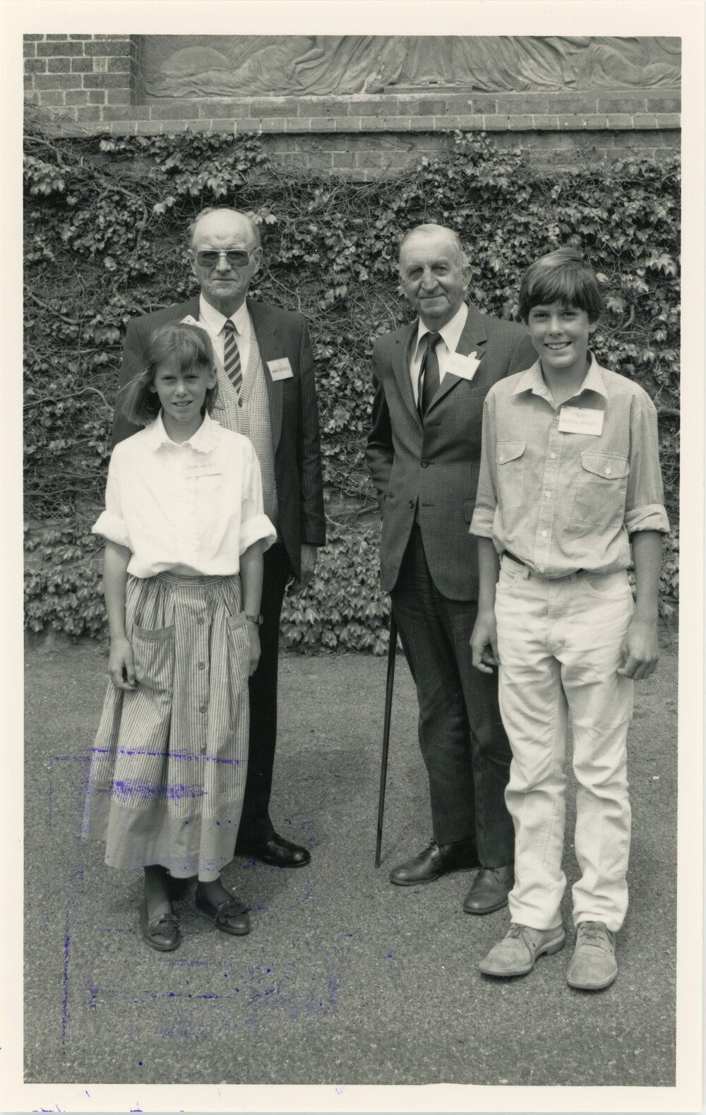 Henry Belfield, Reg White, Andrew Harvey and Sarah Harvey at White family reunion, Booloominbah, 1988