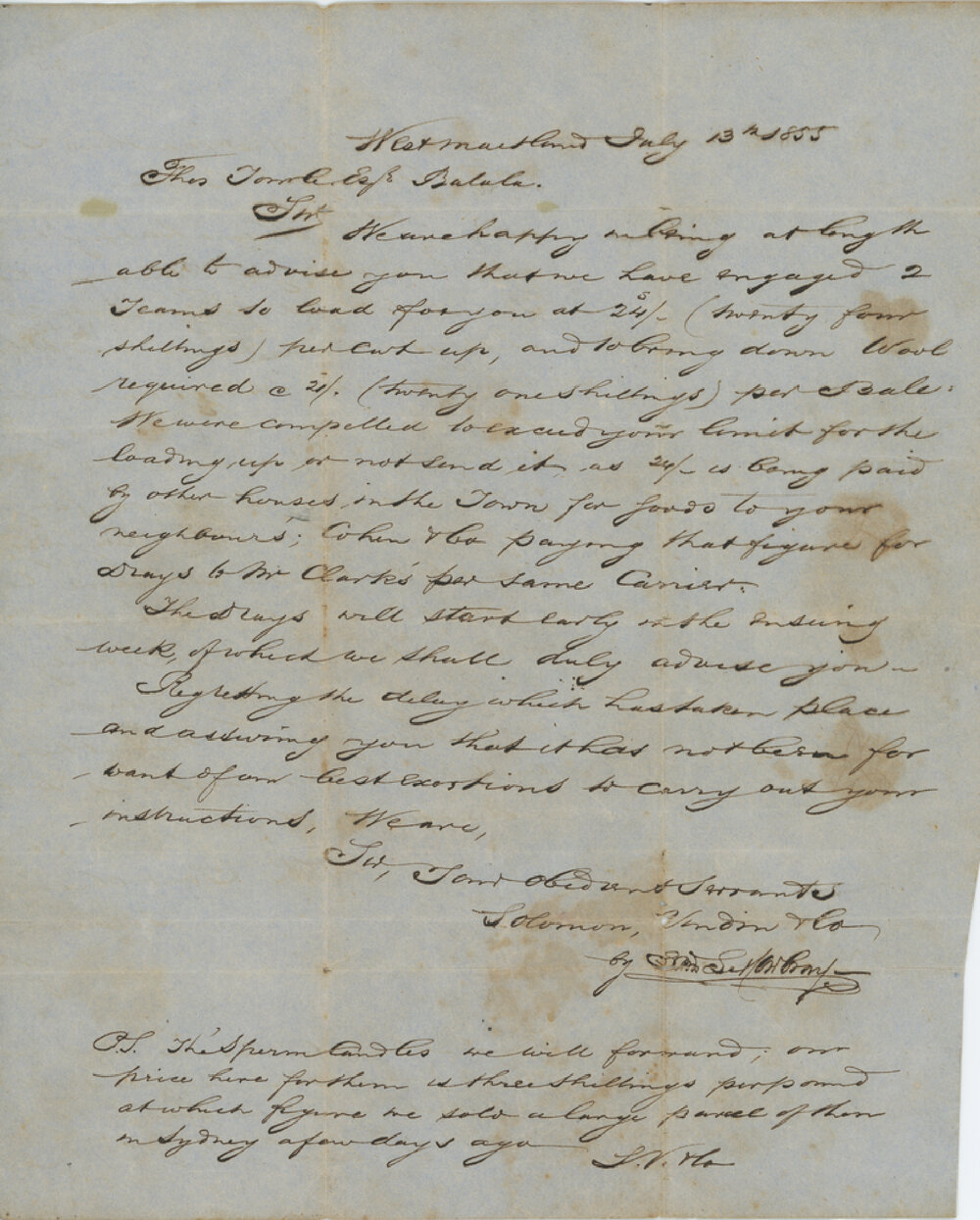 Letter to Thomas Tourle Esq of Balala Station, 1855